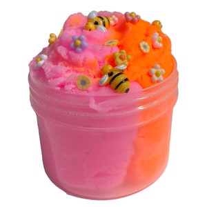 K&ouml;nnte beinhalten: Ein durchsichtiger Plastikbeh&auml;lter gef&uuml;llt mit zweifarbigem Schleim, unten rosa und oben orange. Der Schleim ist mit kleinen Plastikblumen und Bienen verziert.