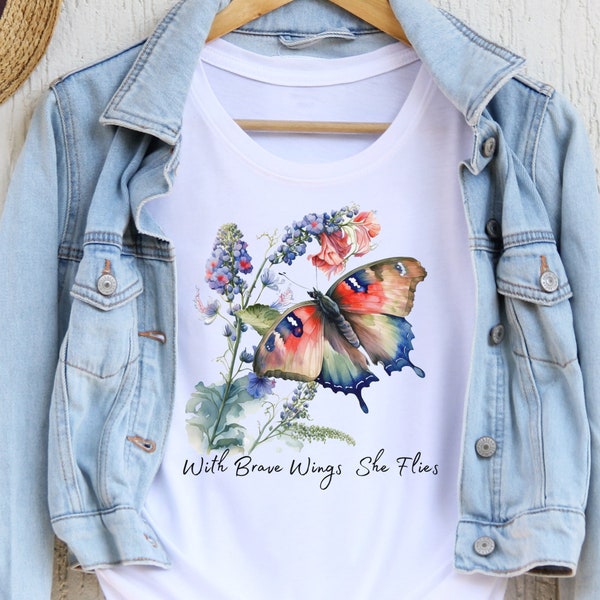 With Brave wings she flies T-shirt, Inspirational Shirt, Butterfly Gift, Bible verse T-shirt, Nature Shirt, Summer Top, Women's Tee