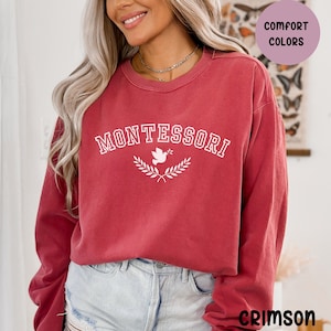 Montessori Teacher Sweatshirt: College Font, Peace Dove Design