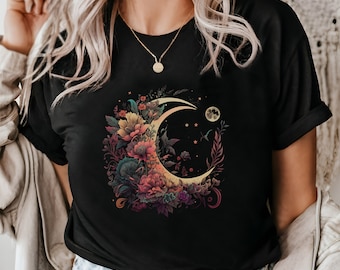 Boho Moon Floral T-shirt: Celestial Indie Graphic Tee