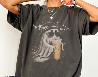 Ghost Drinking Iced Coffee Halloween T-Shirt, Garment-Dyed Comfort Colors Tee