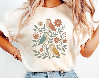 Retro Barn Owls Floral T-Shirt, Folk Art Woodland Birds Comfort Colors®