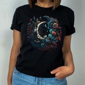 Boho Moon Floral shirt, Mystical Moon shirt,  Celestial Tshirt, Indie Clothing,Bohemian Shirt,Vintage Moon Shirt,Ladies Graphic Tee,Boho tee