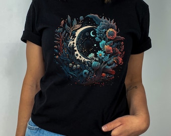 Boho Moon Floral T-shirt: Mystical Celestial Graphic Tee