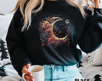 Floral Moon Sweatshirt, Celestial Bohemian Style, Fall Fashion