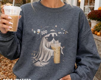 Ghost Drinking Iced Coffee Sweatshirt, Funny Halloween Coffee Lover Crewneck