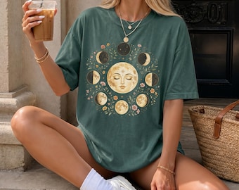 Celestial Moon Phases T-Shirt, Vintage Floral Lunar Graphic Tee