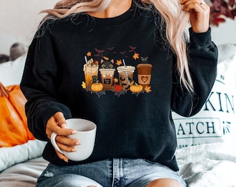 Black Cat Coffee Sweatshirt: Halloween Coffee Lover Crewneck