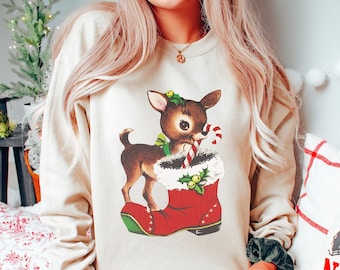 Retro Reindeer Christmas Sweatshirt: Cottagecore Baby Deer Shirt