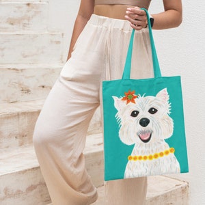 Fun dog bag, White Westie tote bag, West Highland terrier, puppy tote bag, dog book bag, puppy book bag, dog themed gift, dog lover, shopper