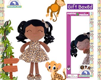 Gift Boxed Black Rag Doll: Leopard Print Dress, Plush Afro Doll