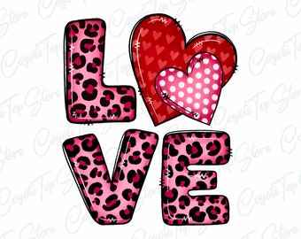 Puede incluir: Un diseño gráfico con la palabra LOVE en letras de bloque en negrita. Las letras L, V y E están rellenas con un patrón de leopardo rosa y negro. La O es reemplazada por dos corazones superpuestos, un corazón rojo grande con corazones rojos pequeños y un corazón rosa más pequeño con lunares blancos.