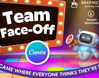 Teamface-off-gamesjabloon: bewerkbare ijsbrekerquiz met scorebord (digitale Canva-download)
