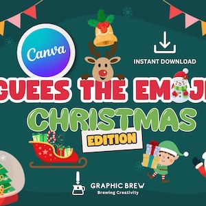 May include: A festive Christmas-themed graphic with the text "Guess the Emoji Christmas Edition." The design includes a reindeer, snowman, Santa Claus, elf, and a sleigh filled with gifts. The Canva logo is also present.