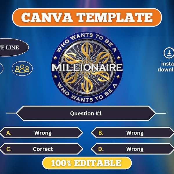 Canva Editable Who Wants to Be a Millionaire Game - Perfect for Virtual Parties, Ice breakers, and Teaching