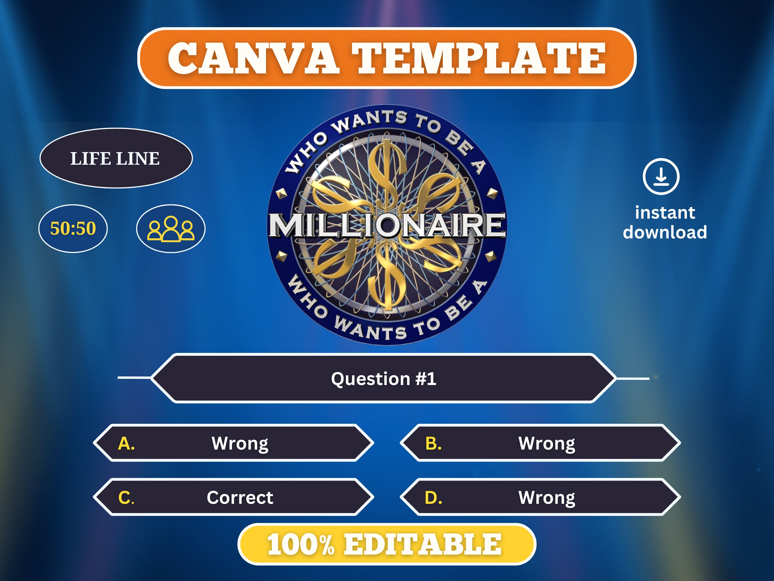 Canva Editable Who Wants to Be a Millionaire Game - Perfect for Virtual Parties, Ice breakers, and Teaching