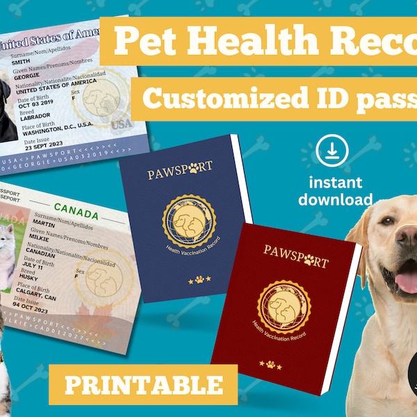 Customized Pet Health Record & Passport, Digital File, Printable, Pet Care Planner, Dog Planner