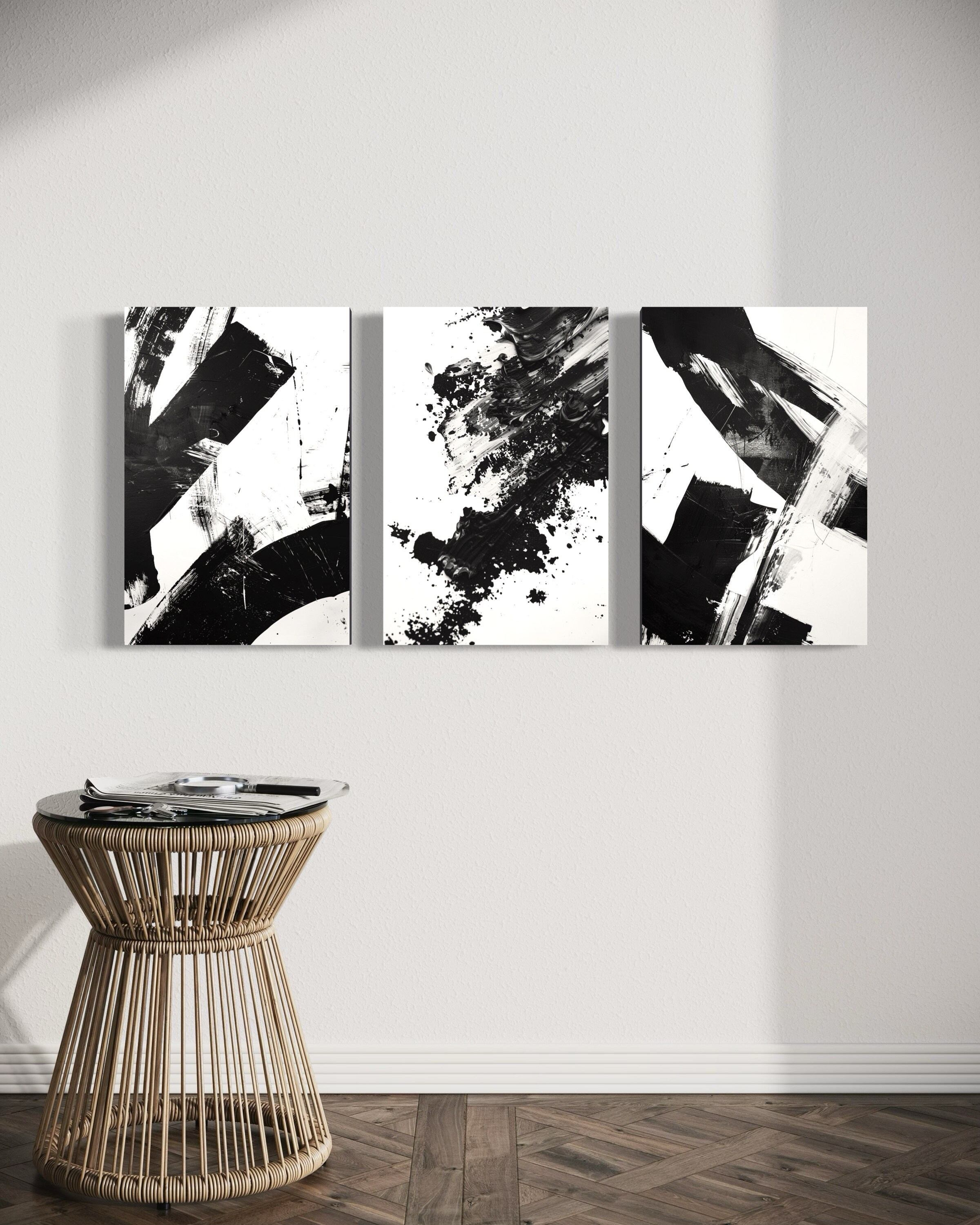 Set of 3 Wall Art Canvas White Black Abstract Minimalist Neutral ...