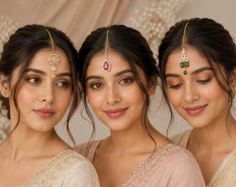 CZ Maang Tikka | Indian Bridal Forehead Jewelry | Gold Tone Chain