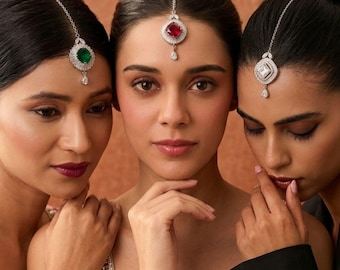 CZ Indian Tikka Headpiece, Silver Plated Maang Tikka Jewelry