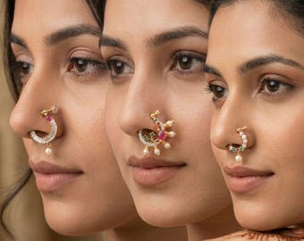 Indian Pearl Drop Nose Ring | Non-Piercing Clip-On Nath, CZ Stones