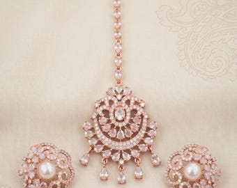 Rose Gold CZ Earrings and Maang Tikka Set – Bridal Indian Jewelry, American Diamond Set
