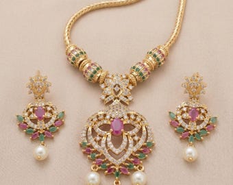 Gold Plated Gemstone Necklace with Earrings, Pearl CZ Bridal Jewelry Set for Indian Wedding