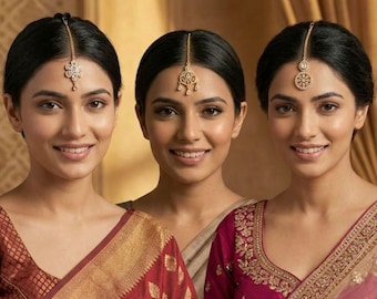 Golden Plated Maang Tikka Set, Indian Bridal Forehead Jewelry, Temple Accessory