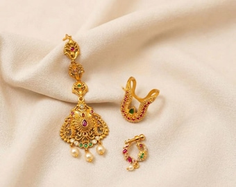 Gold Plated Maang Tikka with Nath & Ring: South Indian Bridal Jewelry Set