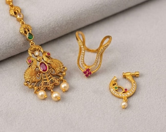 Gold Plated Indian Bridal Jewelry Set: Maang Tikka, Vanki Ring, Non-Piercing Nath