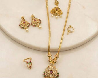Gold Plated Traditional Necklace Set with Earrings, Ring, and Nose Pin, Pearl Accents