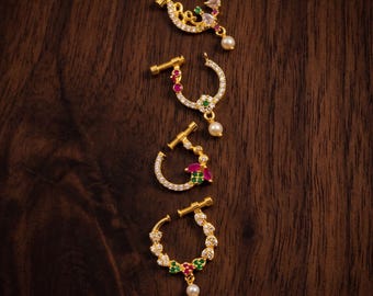 Gold Plated CZ Indian Nath, Pressing Nose Ring, Bollywood Jewelry