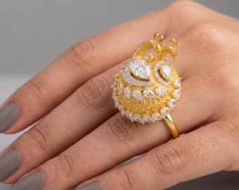 Gold Plated Peacock CZ Ring, Traditional Indian Wedding Jewelry