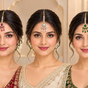 May include: Three maang tikka headpieces featuring gold-tone metal, clear crystals, and central teardrop-shaped stones in red, white, and green. Each piece includes a delicate chain that attaches to the hair, with dangling accents at the base.