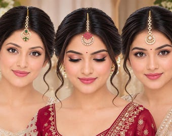 Gold Plated American Diamond Maang Tikka with Bridal Forehead Jewellery