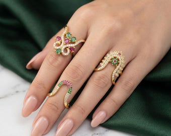 Gold Plated CZ Vanki Ring, Multicolor Stone Statement Ring, Traditional Indian Bridal Jewelry