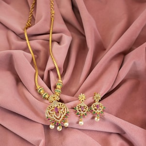 Gold Plated Gemstone Necklace with Earrings, Pearl CZ Bridal Jewelry Set for Indian Wedding