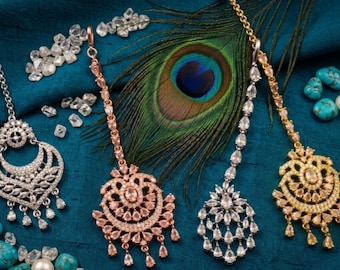 CZ Gold Maang Tikka, Indian Bridal Headpiece