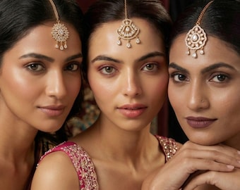 Indian Bridal Maang Tikka Set | 3 CZ Forehead Headpieces, Gold Plated Copper