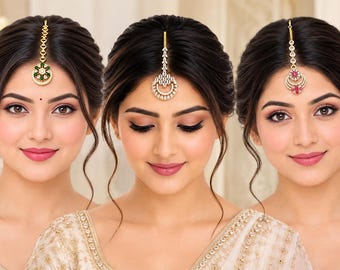 ZEELLO Maangtika Set: Green, White, Pink Bridal Headpieces (3 Designs)