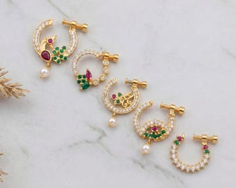 Non-Piercing Bridal Nath Nose Ring Set: Gold Plated CZ Indian Jewelry