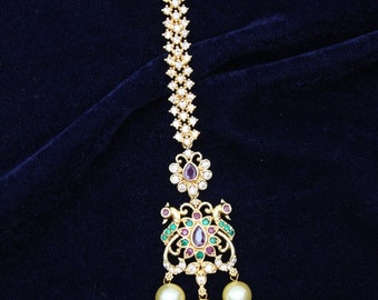 American Diamond Tikka , South Indian Jewelry  , Temple Jewellery  , Gold-Plated Tikka , Indian Forehead Jewelry , Mathapatti Indian