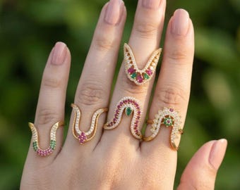 Set of 5 Vanki Rings, Gold Plated CZ, Ruby Emerald Accents, Indian Temple Jewelry