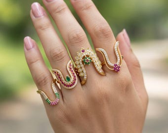Gold Plated CZ Vanki Ring Set, Pink Green Accents, Ethnic Indian Jewelry
