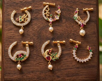 Gold Tone CZ Pearl Nose Rings | Traditional Indian Bridal Nath Set