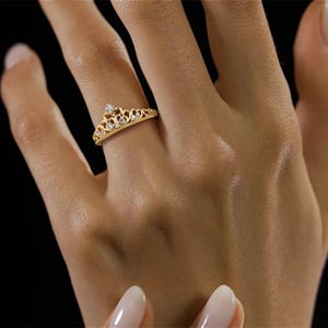 Gold Plated Crown Ring, Dainty Princess Style Adjustable Ring for Women