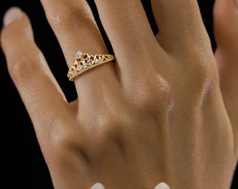 Gold Plated Crown Ring, Dainty Princess Style Adjustable Ring for Women