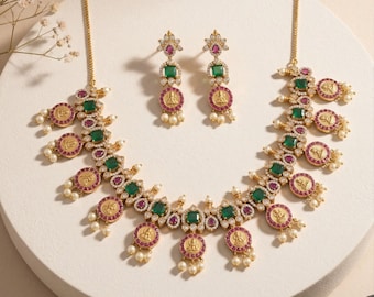 Gold Plated Temple Coin Necklace Set with Earrings, Green Red Stone, Traditional Jewelry