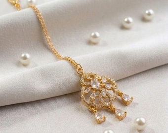 Gold Plated CZ Maang Tikka: Traditional Indian Bridal Headpiece, Wedding Jewelry