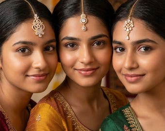 Set of 3 Gold Plated CZ Maang Tikkas: Indian Wedding Bridal Jewelry Forehead Accessory